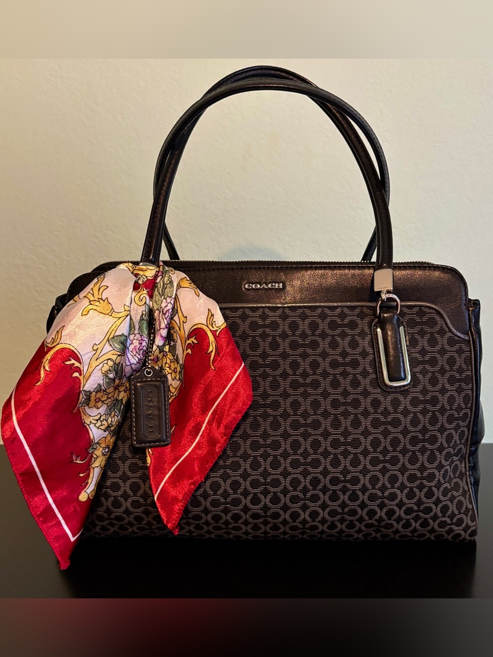 Coach 2018 Madison Kimberly Bag, C logo Black & Gray Needlepoint, Black Leather
